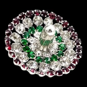Vintage Silver Brooch with Green and Red Crystals